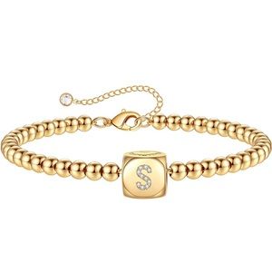 Gold Initial Bracelets for Women Girls, 14K Gold Plated Handmade Letter Bead